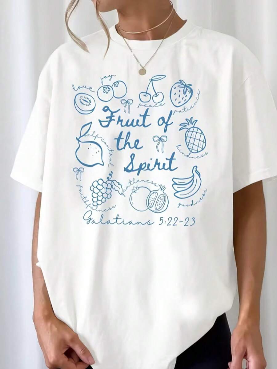 1pc Women's Casual 'Fruit Spirit' Pattern T-Shirt- Short Sleeve, Round Neck, Lightweight, Summer And Spring Top, Featuring Vivid Fruit Illustrations, Beach-Themed Design, Beachwear| Vivid Print Top| Comfortable Fit, Beachwear Woman 180g Polyester T-Shirt - 白色 - 查看 1