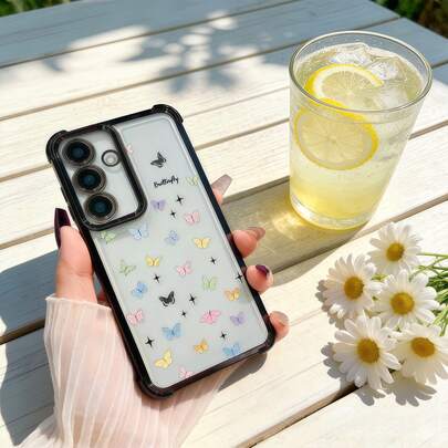 1 pieza Película de lente de cuatro esquinas con efecto electrochapado de mariposa arcoíris creativa, compatible con funda de teléfono suave de cobertura total y amortiguación de aire para Samsung A14/A15/A16/A17/A04/A05/A06/A07/A54/A55/A56/A57/A34/A35A/36/A37/S26/S26Plus/S26Ultra, compatible con Transsion SMART7/8/10, compatible con Honor 400/400Pro/400Lite