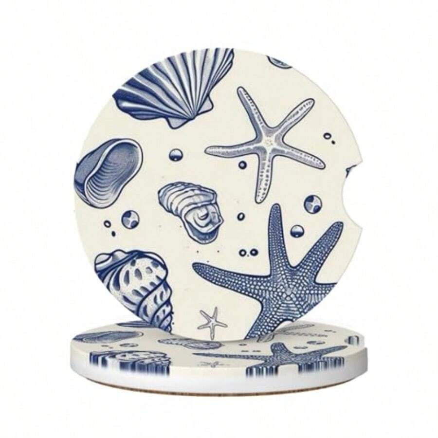 Absorbent Ceramic Car Coasters For Cup Holders Blue Sea Starfish Shells Design 2.56 Anti Slip Universal Drink Cup Coasters For Women Men 2 Pack - Blue Sea Starfish Shells - 查看 1