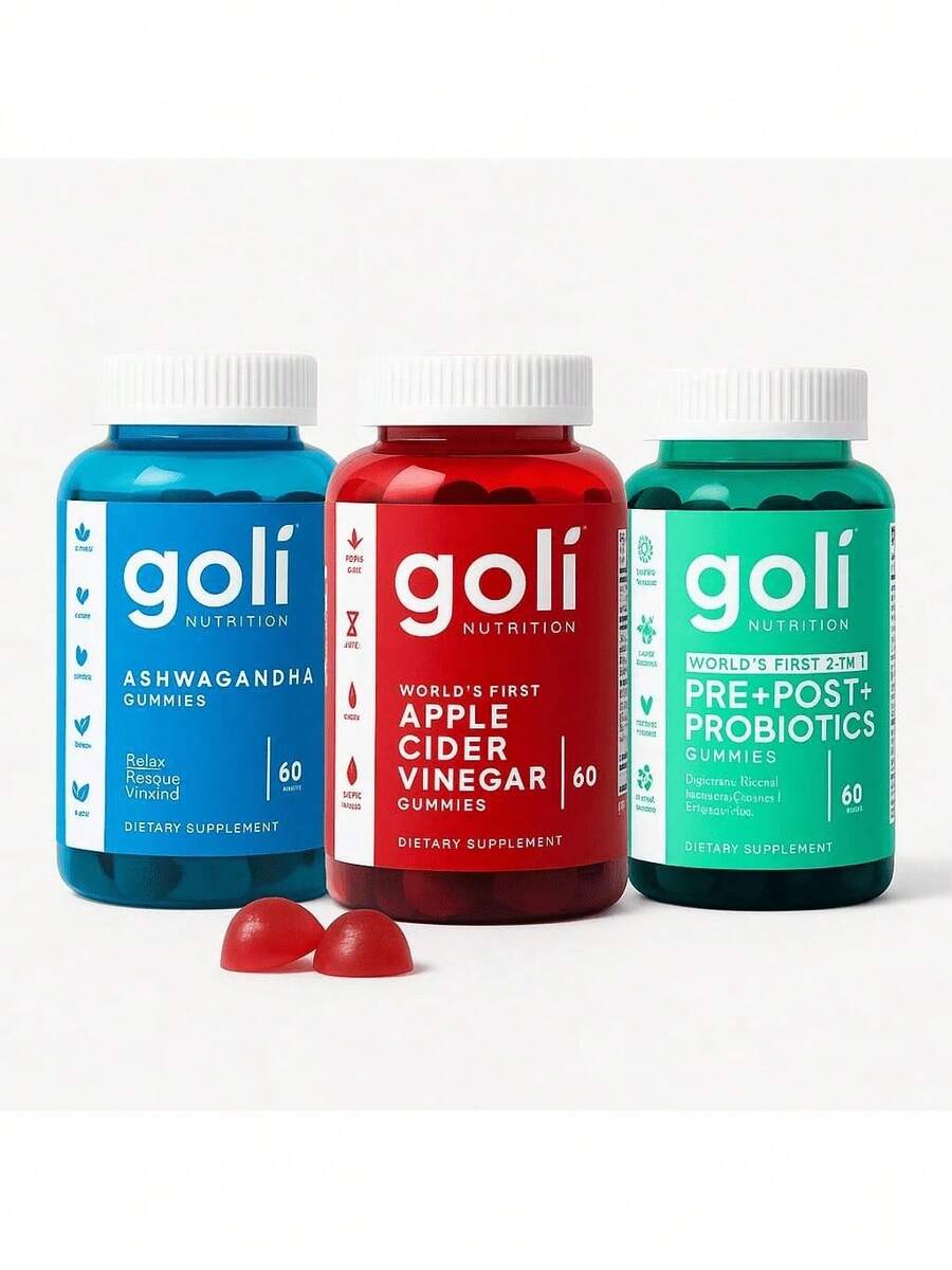 3 Bottles Of Goli Bundle: Ashwagandha KSM-66 & Vitamin D2, Apple Cider Vinegar & Vitamin B12, Pre, Post, Probiotics Gummy - 3-In-1 Gluten-Free, Vegan, Non-GMO, Made In USA 3set - 1套 - 查看 1