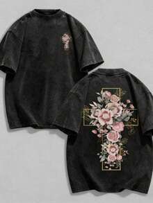 Acid Wash 's Classic Retro Washed 230g Cotton T-Shirt, Graphic Tee, Summer Short Sleeve Crew Neck - 黑色 - 查看 1