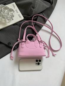 Fashionable Solid Color PU Drawstring Mini Handbag, Metallic Color Crossbody Shell Bag For Women - Pink - View 5