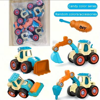 4pcs Construction Vehicles & 1pc Screwdriver, Assembly Engineering Car Disassembly Screws, Puzzle Toy, Excavator Building Blocks, Christmas/New Year/Birthday Gift, DIY Disassembly Car Toy Nut Assembly Simulation Sliding Excavation Disassembly (Screwdriver Color Random)
