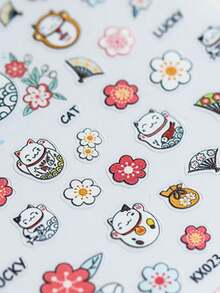 1张可爱招财猫樱花折扇幸运猫日式运势美甲贴纸 5D吉祥梦幻美甲贴花 自粘美甲装饰 女士和女孩适用 - 彩色 - 查看 4