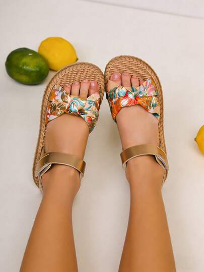 1 Pair Girls' Vintage Satin Flat Sandals, Delicate Floral Print With Bowknot Strap, Quality PU Design, Lightweight Foam Woven Flat Sole For Cloud-Like Softness, Bohemian Style Comfortable Outdoor Sandals For 3-15 Years Old Girls In Summer, Vacation, Holiday