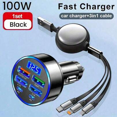 100W 快充 6 合 1 多端口电压车载充电器，带数字显示屏 + 3 合 1 快充可伸缩数据线，兼容 17 Pro Max/17 Pro/17/Air/16/15/14/13/12/11、S25/S24/S23/S22/S21 Ultra Plus