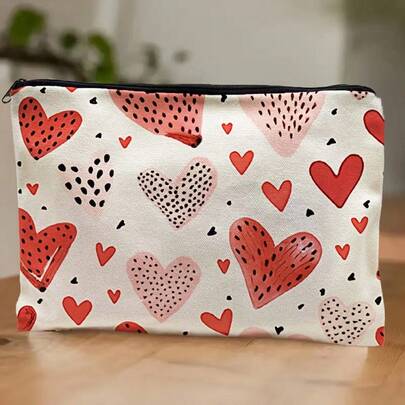 1 pieza Bolso de lona con estampado de corazón rosa degradado, diseño plano para un transporte cómodo, se puede usar como bolsa de cosméticos, bolsa de papelería o bolsa para artículos esenciales diarios, adecuado para la vida universitaria, citas con la novia y regalos románticos para amigos y parejas