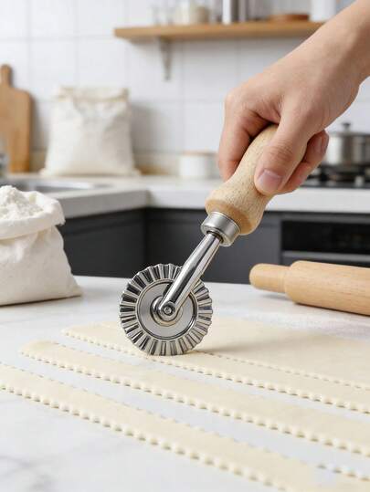 1Pc Unisex Wooden Handle Fluted Pastry Wheel Cutter, Stainless Steel 7cm Diameter, For Dumpling Wrappers Ravioli Pasta Baking, Comfortable Grip Easy Clean, Kitchen DIY Essential