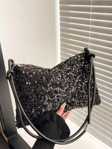 闪亮优雅女士晚宴包，新款闪亮迷人网眼水钻新月形手提包现货供应，时尚单肩派对晚宴包，饰有水钻，适合女孩、女士、婚礼、盛会、晚宴/宴会等场合，是送给女性的最佳礼物。 - 黑色 - 查看 12