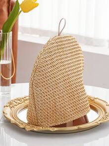 1pc Vintage Woven Texture Teapot Warmer Cover, Dessert Tray Lid, Beaded Decor, Suitable For Dining Table, Back To School Season - Gold - View 6