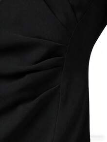 女士V领修身中长款无弹力针织休闲连衣裙 - 黑色 - 查看 5