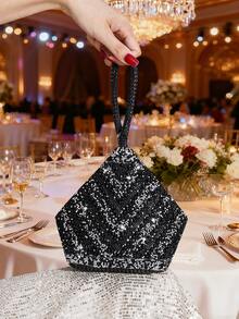女士几何图案水钻装饰手提包，不对称手拿包，优雅派对活动配饰，可搭配晚礼服 - 黑色 - 查看 4