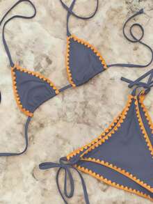 Women's Colorblock Ruffle Trim Bikini Set, Featuring Adjustable Triangle Cups And Tie Design, Suitable For Beach Vacation And Retro Style Summer - Dusty Blue - View 6