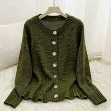 Áo khoác cardigan nữ thanh lịch, cổ tròn, tay dài, màu trơn, chất liệu polyester, cài nút, thích hợp mặc hàng ngày vào mùa thu/đông, mềm mại và thoải mái - Món đồ không thể thiếu cho kỳ nghỉ năm mới. - xanh quân đội - Xem 4