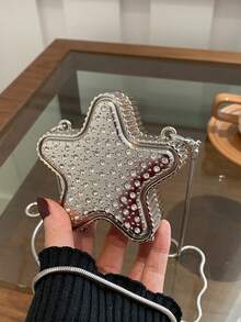 1pc New Mini Bag, Rhinestone Embellished Mini Bag, Silver Wallet, Shiny Futuristic Pentagram Handbag, Chain Shoulder Star Bag, Asymmetric Handbag, Accessory Pouch, Elegant Coin Purse, Gold Earphone Case, Wedding, Women Handbag, Gold Wallet, Summer Party Clutch, Gift Evening Bag - Silver - View 8