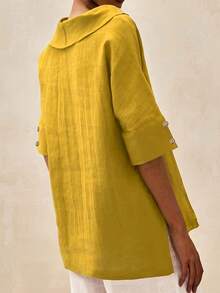 Plus Size Peter Pan Collar Casual Lightweight Solid Color Short Sleeve Top, Spring/Summer - Mustard Yellow - View 2