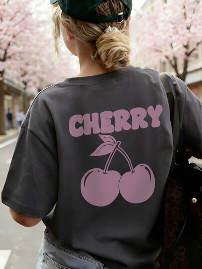 1pc Casual Cherry Print Round Neck Short Sleeve T-Shirt, Suitable For Summer Students And Children - Delicious Cherry Provides A Unique T-Shirt For Cherry Fruit Lovers, Making You Stand Out In Summer. This T-Shirt Is Also Suitable For Teenage Girls To Wear, An Ideal Choice For Girls In Summer.