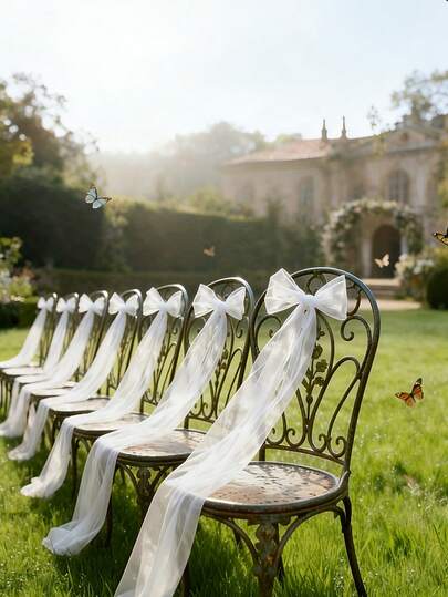 6条白色薄纱缎带，主要用于室内外婚礼和大型节日派对的椅子装饰。也可用于楼梯和阳台栏杆。