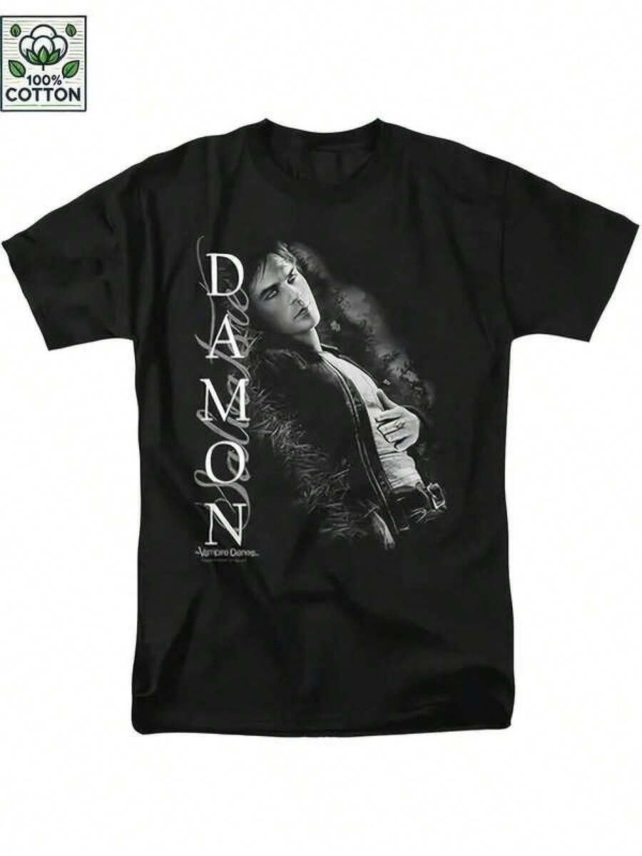 Fashionable Casual T-Shirt For Men, 1 Piece Damon Salvatore Graphic Women's T-Shirt, Short-Sleeved Cotton Casual Top, Sizes 2-10 Years, S-XXXL, Children's Clothing Boys, Valentine's Day For Boys, Clothing For Young Boys, Tops For Girls, Girls' Clothing, Clothing For Young Girls, Matching Family Outfits, Unisex Graphic T-Shirt For Back To School & St. Patrick's Day Gift For Boys And Girls, Family Couple Outfit For Play Day, Perfect Gift For St. Patrick's Day And Women's Day, Mother's Day, Father's Day, For Men And Women. - màu đen - Xem 1