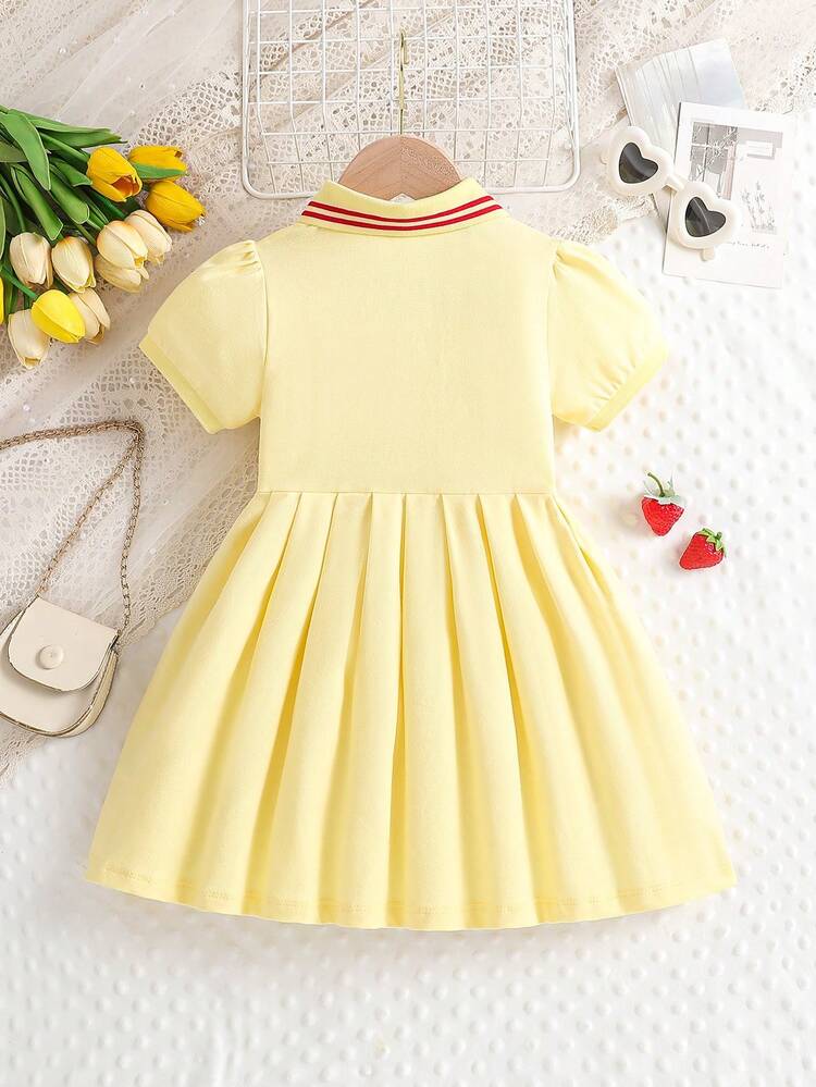 Young Girl' Casual Strawberry Embroidery Polo Collar Short Sleeve Dress, Summer - Yellow - View 2