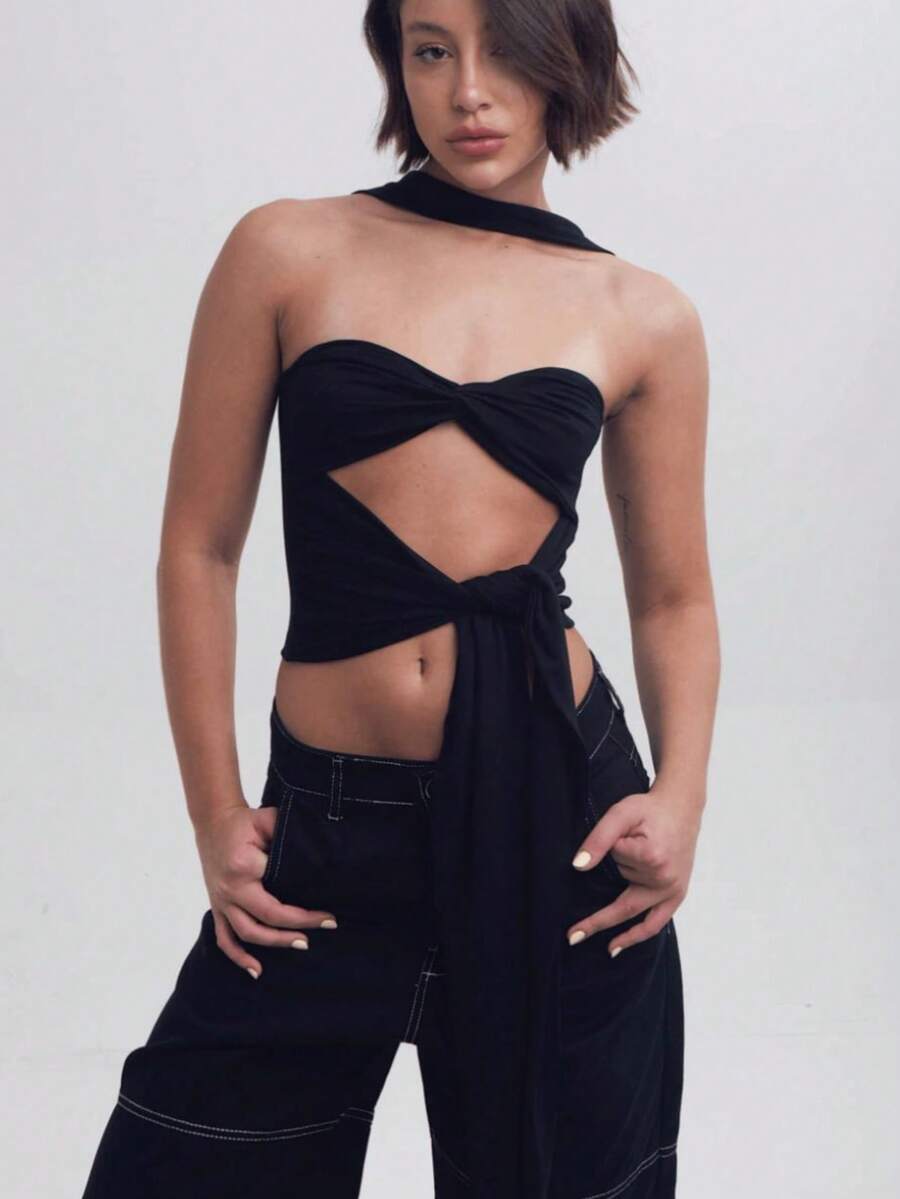 Women's Strapless Top With Cutouts And Long Band – Sexy Y2K Cropped Top For Parties And Fashion Looks - 黑色 - 查看 1