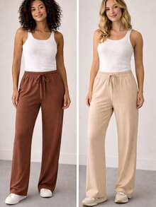 Set Of 2 Women's Pants Duna Wide-Leg Pants Set Wide-Leg Pants High Waist Elastic Waistband Premium Duna Fabric Wrinkle-Resistant Shrink-Resistant Loose-Fitting Pants One Size Elegant Work Look Versatile Piece Fashionable For Summer Winter Spring Autumn Comfort And Style All Seasons Superior Quality - 棕色/米色 - 查看 4