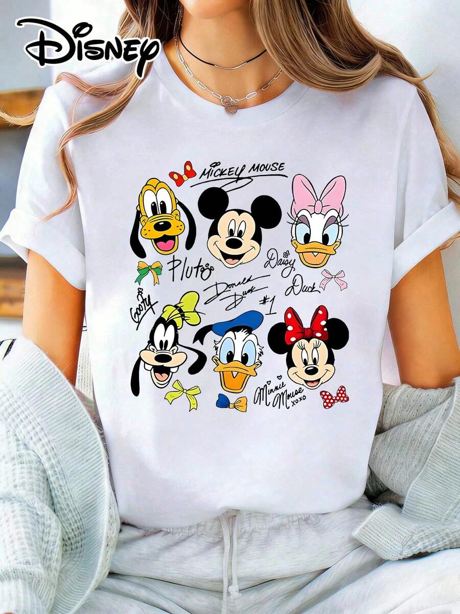 Disney Lady's T-Shirt, Featuring Cartoon Patterns Of Disney Mickey And Minnie's Companions. The Fabric Is Soft, Comfortable And Durable. This Is A Summer/Winter Ladies' Round-Neck T-Shirt, Suitable For Daily Wear, Shopping, Attending Parties And Gatherings. It Is Also More Suitable For Daily Outfits And As A Gift. - 白色 - 查看 1