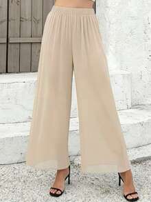 Women's Pleated Wide Leg Pants, Polyester Material, Non-Stretch, Semi-Sheer Summer - Apricot - View 3
