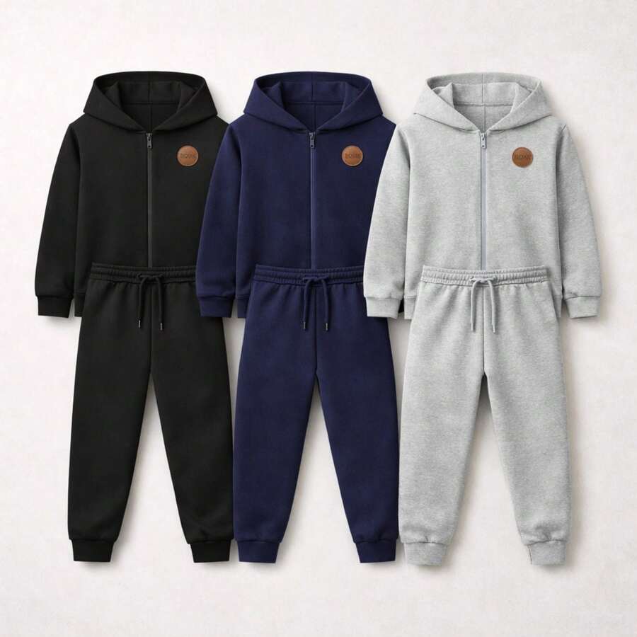 Boys' Basic Winter Set With Zipper - Black, Heather Gray, And Navy Blue - 2 組混合套裝 - 查看 1