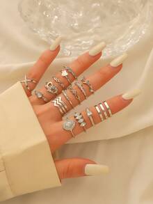 Juego de 15 piezas de anillos de moda europea y americana, anillos de aleación con rhinestones apilables, diseño asimétrico de hojas para mujeres - Juego de anillos - Ver 9