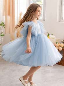Young Girl Sparkly Bow Mesh Ruffle Sleeve Light Blue Princess Dress, Elegant Tulle Gown, Suitable For Girls Birthday Gift, Party, Wedding, Flower Girl, Holiday Celebration Dress Valentine's Day Thanksgiving Dress - 淺藍色 - 查看 3