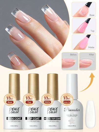  Juego de base y top coat de gel de modelado de uñas PEACECOLOR 1/3/4 piezas, kit de esmalte de uñas de gel UV/LED - base coat, gel constructor, de larga duración y resistente a los desconches, ideal para principiantes en manicura DIY, regalo de arte de uñas para mujeres