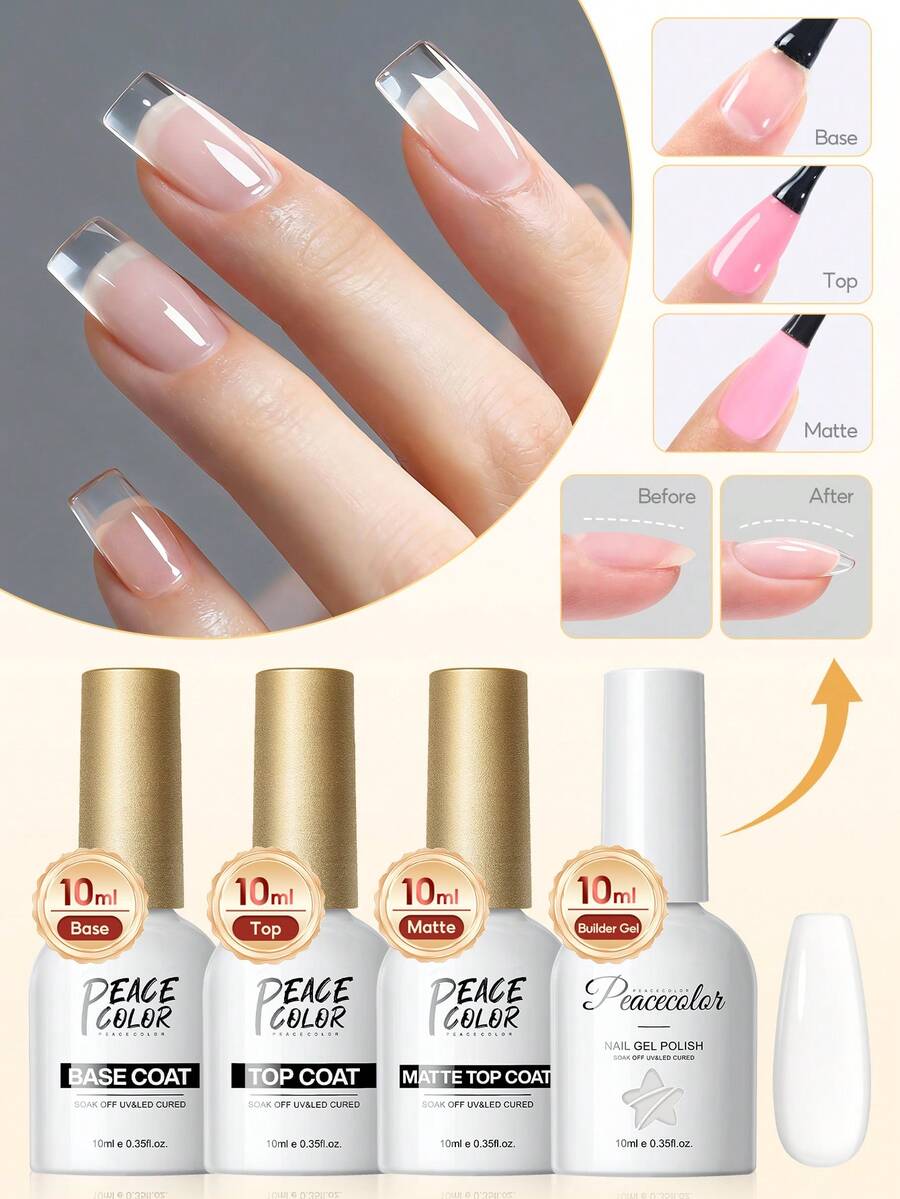 PEACECOLOR 1/3/4 pièces Ensemble de gel de modelage pour ongles Base & Top Coat, Kit de vernis à ongles en gel UV/LED - Base Coat, Gel de construction, longue durée et résistant aux éclats, idéal pour les manucures DIY pour débutants, cadeau de nail art pour femmes - 10 ml - Voir 1