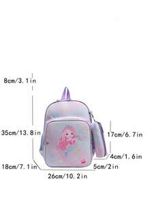 Cartoon Mermaid Printed Backpack For Teenagers, With Pencil Case, 2pcs Set - 2309 Mermaid Purple - View 3