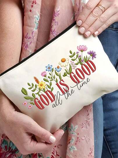 1pc Inspirational Christian Makeup Bag | "God Is Good" Religious Cosmetic Pouch With Floral Bible Verse Prints | Zippered Portable Multi-Functional Travel Organizer | Multi-Color | For Daily/Travel/Campus Use | Suitable For Daily Use, Travel, Vacation, Business Trips, Commuting & Campus Life | Perfect Gift For Women On Holidays/Christmas/Valentine's Day/Anniversaries