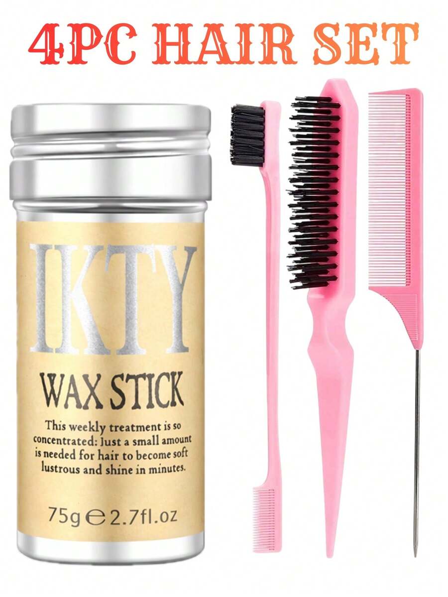 四件套美发造型产品，包括：1支蕾丝发际线定型蜡棒、1把粉色鬃毛刷（用于修饰发际线）、1把粉色边缘梳（用于抚平发际线）、1把粉色尖尾梳（用于分缝）。这款定型蜡棒持久定型，不油腻，可抚平毛躁的头发和发际线。 - 75g Pink 4 Pcs Set - 查看 1