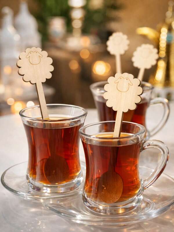 10 piezas Juego de cucharas de madera con diseño de cara de oveja - Utensilios de cocina de madera natural para decoraciones de Ramadán, recuerdos de la fiesta de Eid Mubarak, revolvedor de café y té árabe, diseño lindo de oveja para mezclador de bebidas para decoración del hogar, regalo festivo, postre DIY, chocolate caliente, leche, accesorio de bar de bebidas, decoración de Eid Al-Adha, adorno de oveja de madera, decoración islámica del hogar