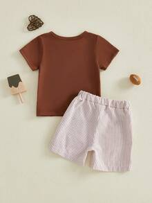 Toddler Baby Boy Summer Outfits Letter Baseball/Football /Rugby Embroidery Short Sleeve T Shirt And Plaid Shorts 2 Pcs Set, Toddler Baby Boy Football Clothing Set, - 紅棕色 - 查看 8