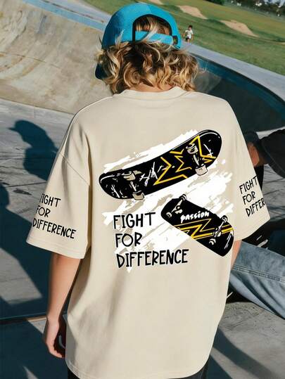 男童涂鸦滑板印花短袖T恤，休闲宽松版型，运动风圆领，适合大童穿着，是完美的夏季礼物，适合春夏季在学校和户外活动穿着。