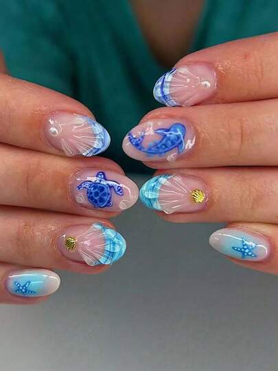 24 piezas Pegatinas de uñas 3D con decoración de delfines azules lindos, perlas y conchas marinas, suministros de arte de uñas con tema de océano de verano que incluyen esmalte de gel y lima de uñas, perfecto para fiestas, citas y vacaciones en la playa