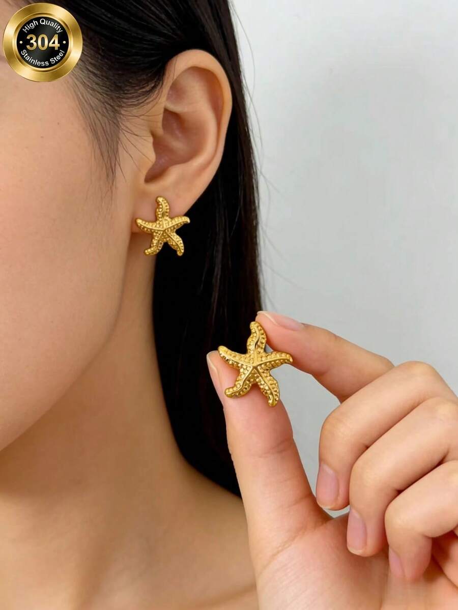 Bông tai hình sao biển vàng kiểu cổ điển, bông tai thời trang tối giản bằng thép không gỉ, hộp đựng trang sức, trang sức nữ, quà tặng cá nhân hóa, quà tặng ngày Valentine cho nam và nữ. - Vàng - Xem 1