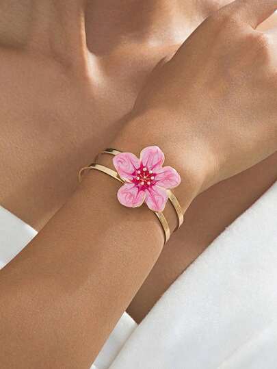 1pc Handmade Tie Dye Gradient Pink 5-Petal Floral Double-Layer Bangle Bracelet, Elegant French Style Floral Jewelry, Suitable For Vacation/Date Wear