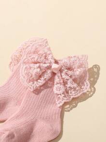 1 Pair Lace Bow Socks + 1 Lace Bow Headband - Pink - View 3