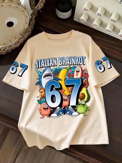 New Spring/Summer Boys' Cartoon Character & Funny "67" Numeral Print Crew Neck Short Sleeve T-Shirt