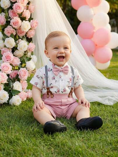 BOARNSEORL 2 件套男婴绅士装，印花衬衫配领结和工装短裤，时尚适合生日派对、情人节