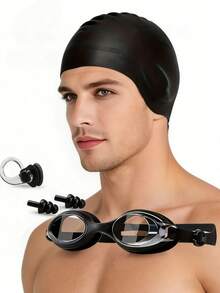 4pcs Swimming Set: Waterproof Goggles, Silicone Swim Cap, Nose Clip And Ear Plugs. Large Size Cap Design With Ear Protection, Suitable For Long And Short Hair. Outdoor Summer Gear, Birthday, Mother's Day, Father's Day Gift - Fashion - View 2