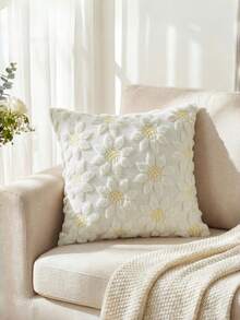 Bộ 1 vỏ gối trang trí mùa xuân hè màu trắng kem họa tiết hoa hướng dương, trang trí nhà nông thôn theo mùa, họa tiết hoa vàng hình trái tim, chất liệu lông giả mềm mại, họa tiết jacquard, thích hợp cho ghế sofa gia đình. - trắng - Xem 1