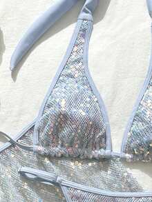 三件套亮片蓝绿色泳装套装 - 亮片吊带泳衣上装搭配同色迷你裙 | 夏季海滩度假和泳池派对的理想之选 - 淺藍色 - 查看 7