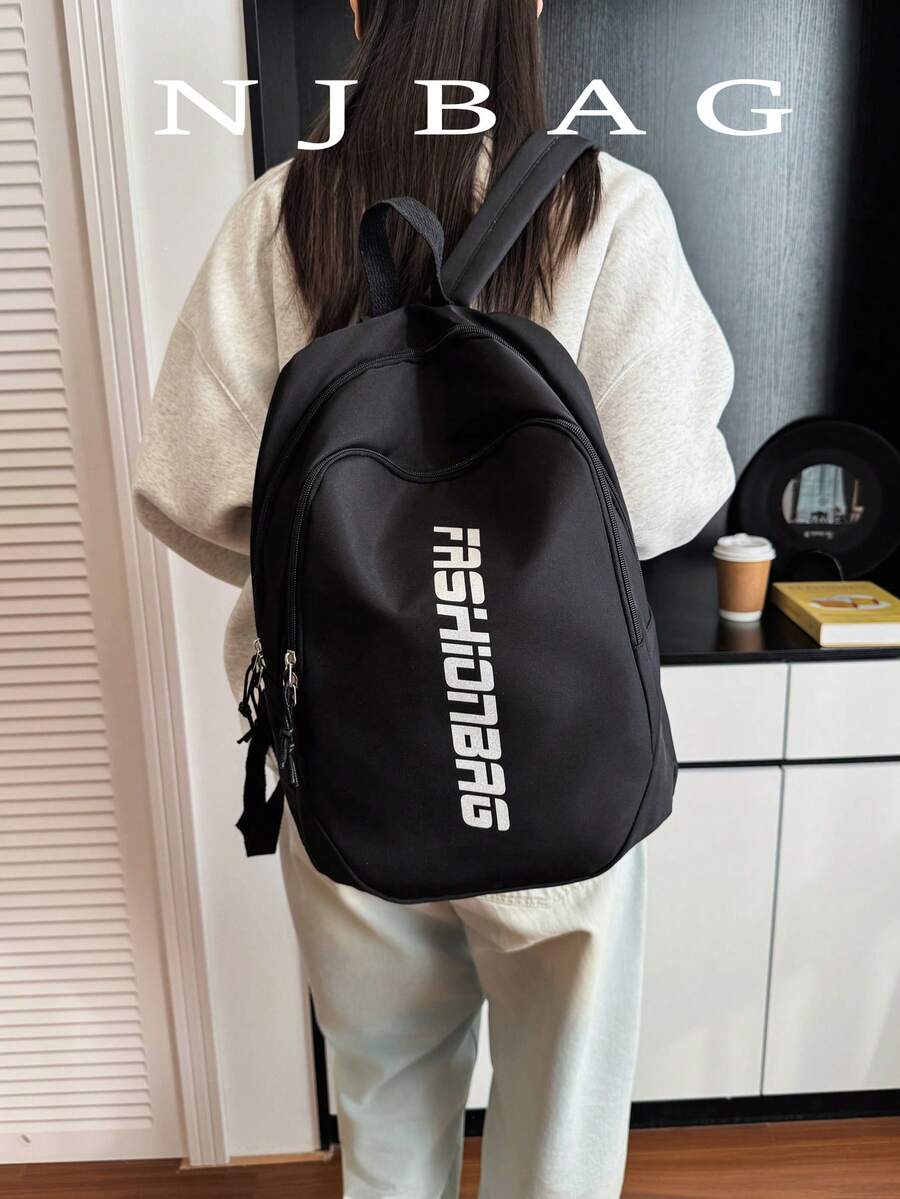 Letter Pattern Backpack, Minimalist Large Capacity Backpack, Fashion Travel Bag - Black - View 1