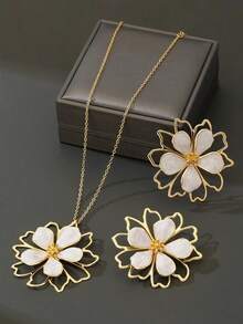 1件夏季海滩度假设计镂空白色花朵吊坠项链和1对耳环女士首饰套装（不含礼盒） - 白色 - 查看 3